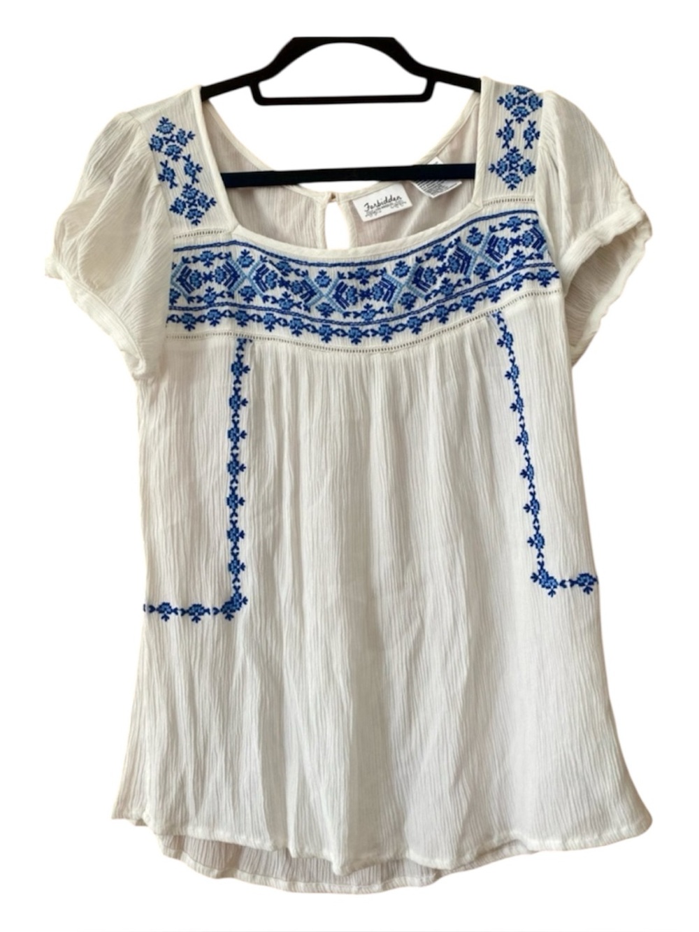 Forbidden LA Blue Embroidered Peasant Blouse Boho Cotton Gauze Top S